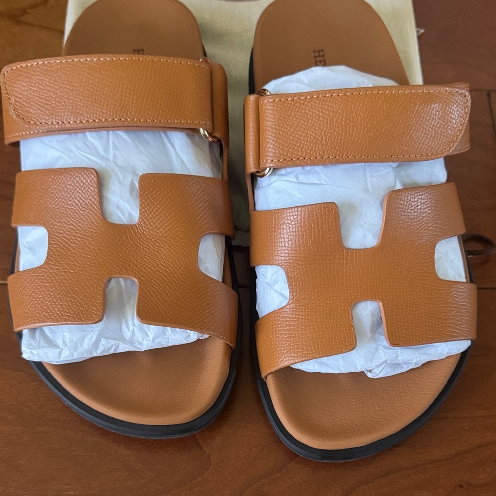 Hermes Women's Tan Leather H-Strap Sandals